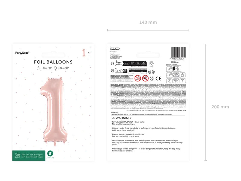 Ballone Zahl "1" 72cm, Hellrosa (1 Stk.)