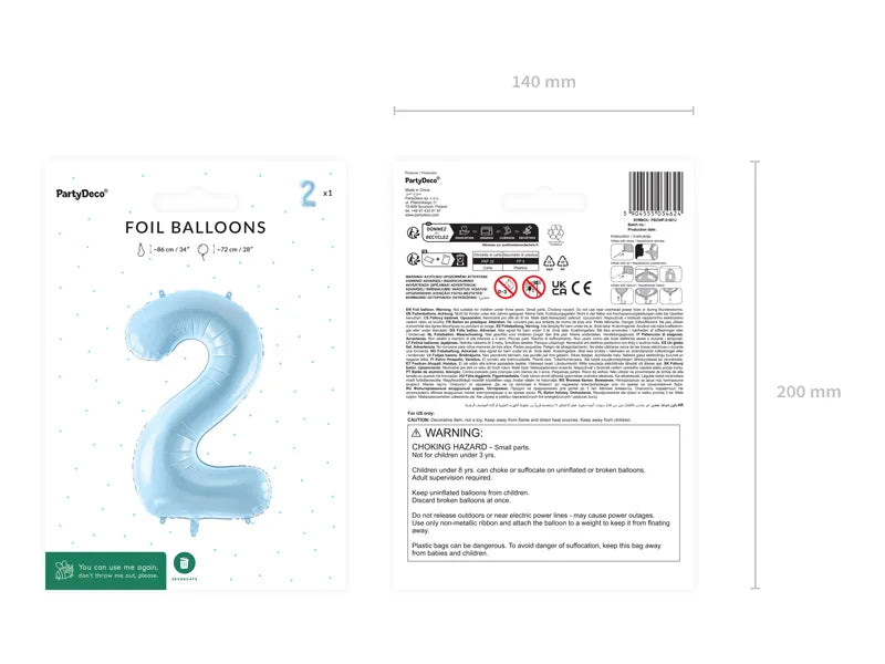 Ballone Zahl "2" 72cm, Hellblau (1 Stk.)
