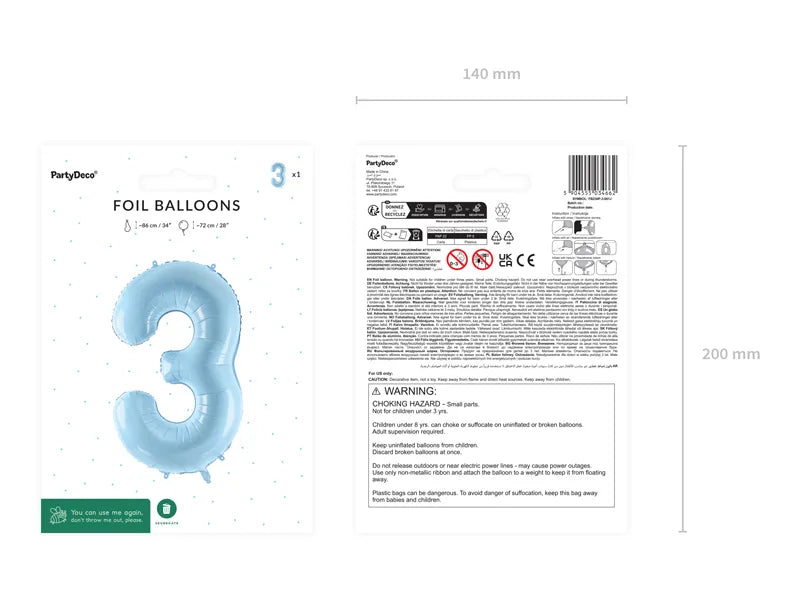 Ballone Zahl "3" 72cm, Hellblau (1 Stk.)