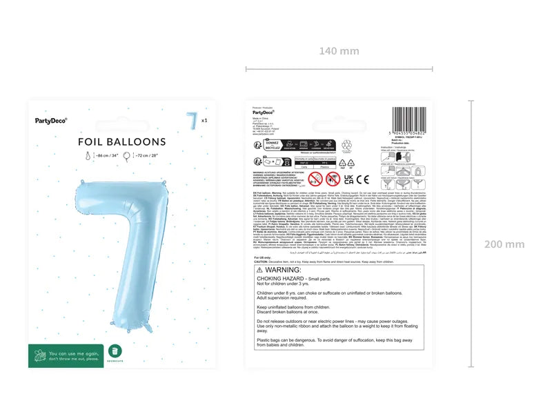 Ballone Zahl "7" 72cm, Hellblau (1 Stk.)