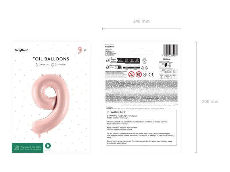 Ballone Zahl "9" 72cm, Hellrosa (1 Stk.)