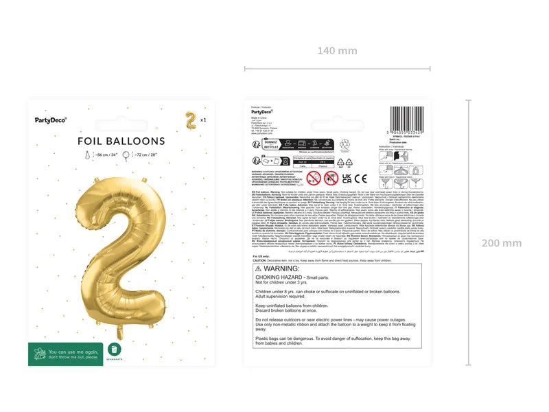 Ballone Zahl ''2'' 72cm, Metallic gold (1 Stk.)