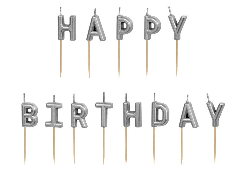 Geburtstagskerzen Happy Birthday 2,5 cm, Silber (13 Stk.)
