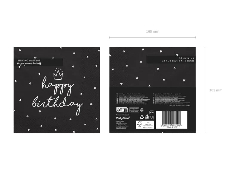 Servietten Happy Birthday 33cm x 33cm, schwarz (20 Stk.)