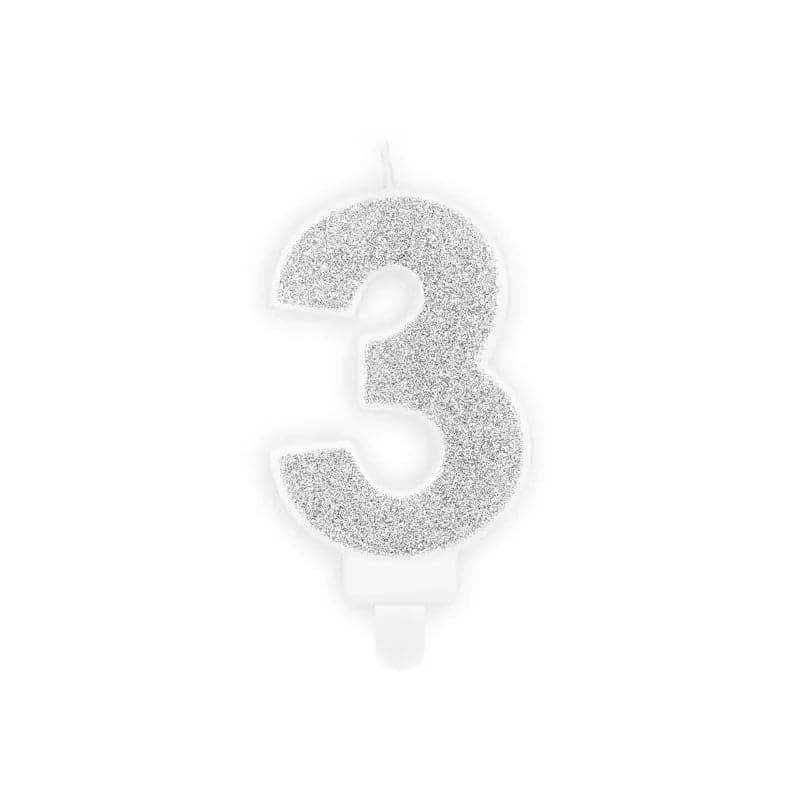 Geburtstagskerzen ’’3’’ 7cm Glitter silber (1 Stk.)