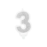 Geburtstagskerzen ’’3’’ 7cm Glitter silber (1 Stk.)