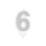 Geburtstagskerzen ’’6’’ 7cm Glitter silber (1 Stk.)