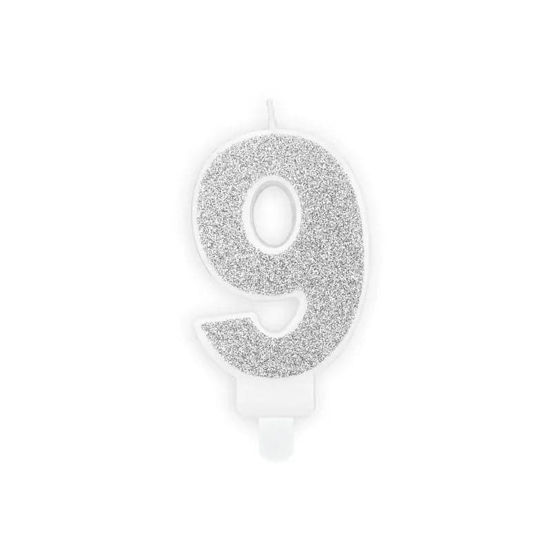 Geburtstagskerzen ’’9’’ 7cm Glitter silber (1 Stk.)