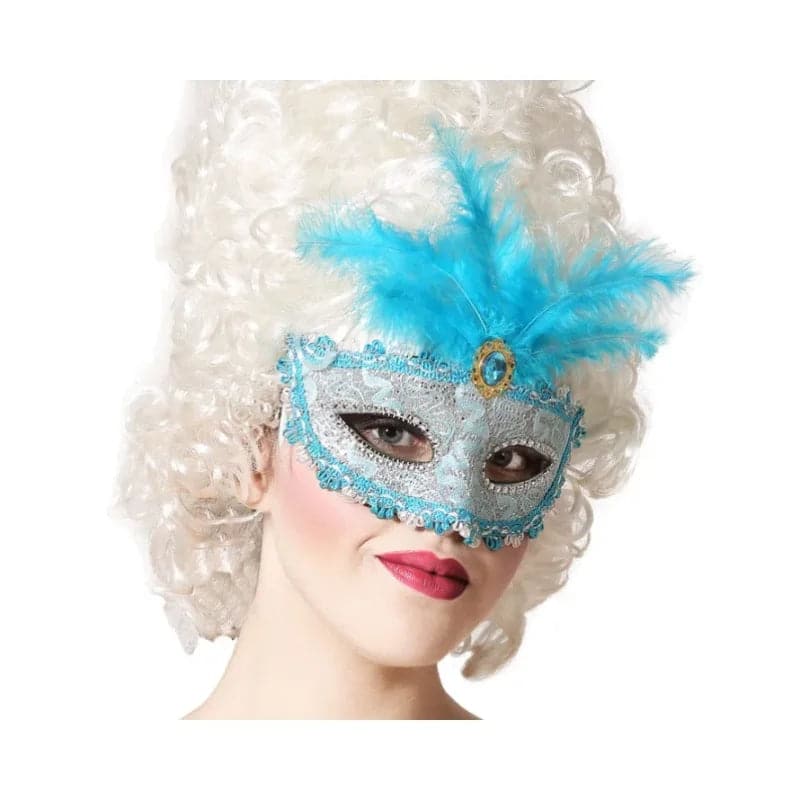 Maske Maskenball 20cm x 10cm blau mit Federn (1 Stk.)