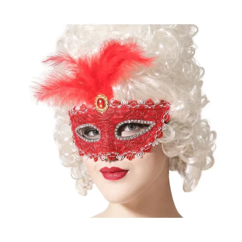 Maske Maskenball 20cm x 10cm rot mit Federn (1 Stk.)