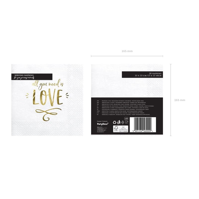 Servietten All you need is love 33cm x 33cm Pastell weiss