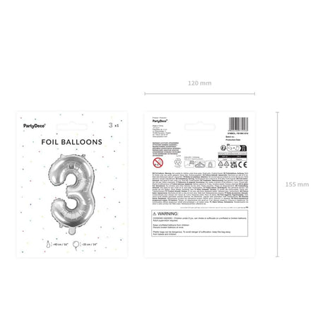 Ballone Zahl 3 35cm Metallic silber (1 Stk.)