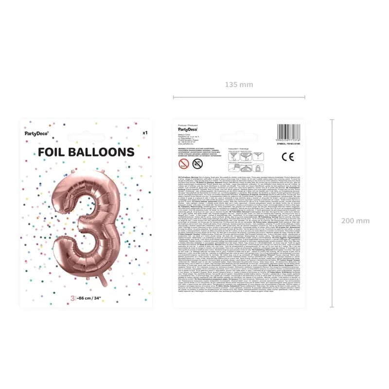 Ballone Zahl 3 86cm Metallic roségold (1 Stk.)
