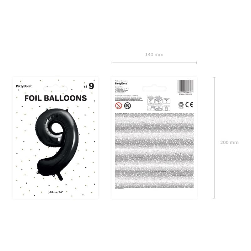 Ballone Zahl 9 86cm Metallic schwarz (1 Stk.)